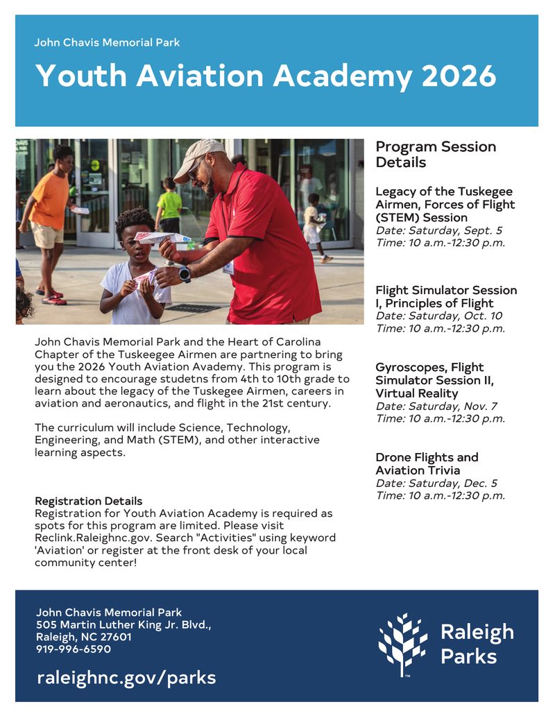 Youth Aviation Academy 2026 program flyer — John Chavis Memorial Park and HOCC
